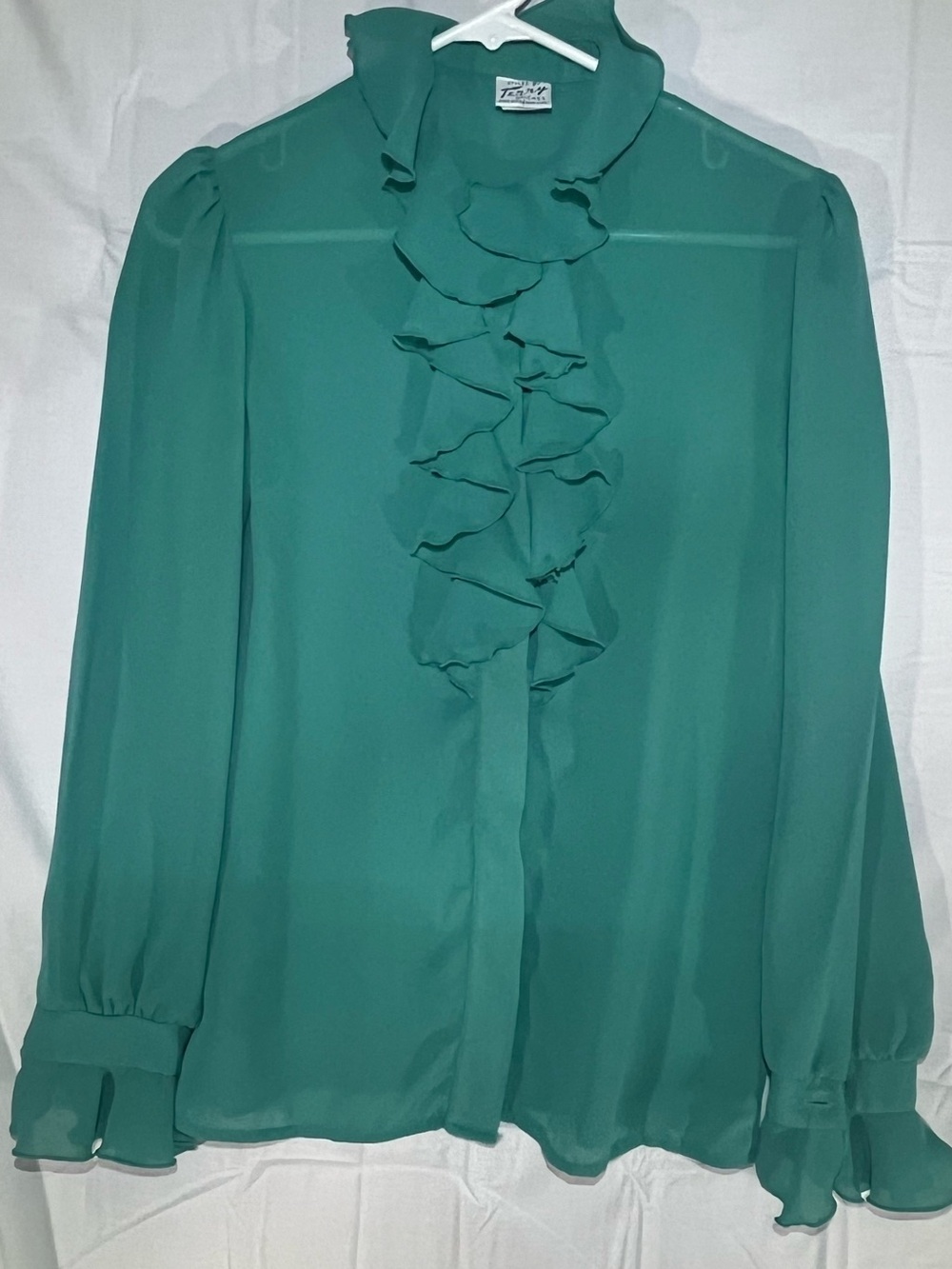 Vintage 60’s/70’s Retro Ruffled Button-Front Blouse - Teal Made in USA